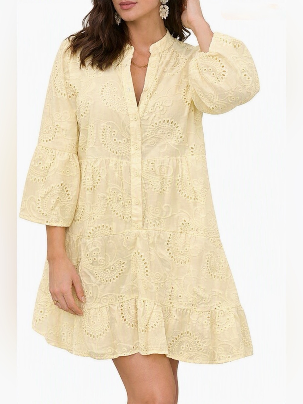 Eyelet Tiered Mini Dress in Light Yellow - NWOT
